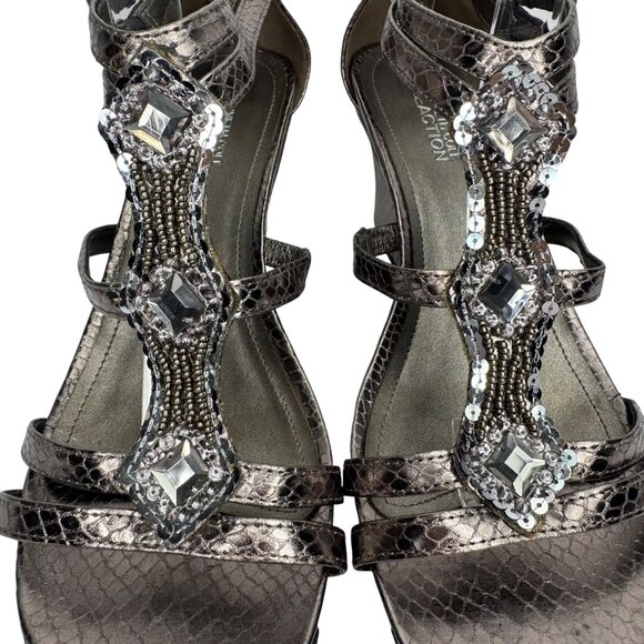 Y2K Kenneth Cole Reaction Bronze Faux Snake Skin Wedge Sequence Sandals Size 7.5 - Picture 8 of 12